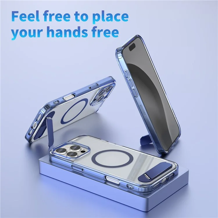 Custodia per iPhone 16 Pro Max compatibile con MagSafe, con supporto pieghevole, anti-caduta, in PC + TPU, colore blu.