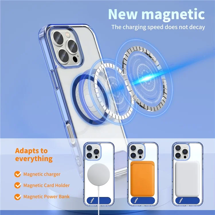 Custodia per iPhone 16 Pro Max compatibile con MagSafe, con supporto pieghevole, anti-caduta, in PC + TPU, colore blu.