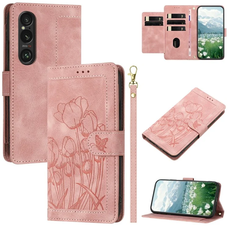 Custodia in pelle con 5 slot per schede e copertina per telefono per Sony Xperia 1 VI - Rosa