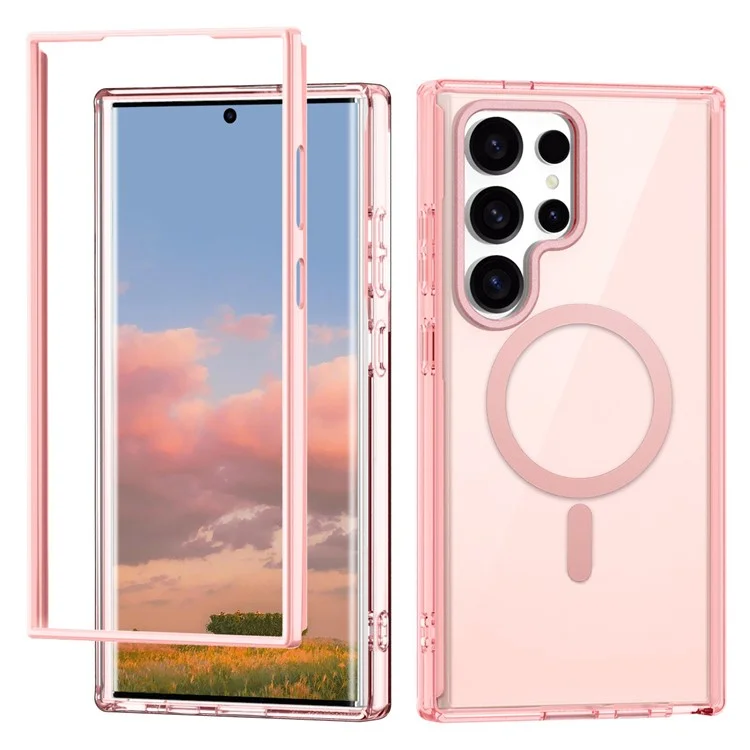 For Samsung Galaxy S25 Ultra Case Compatible with MagSafe PC+TPU Clear Phone Cover with PET Screen Film - Pink