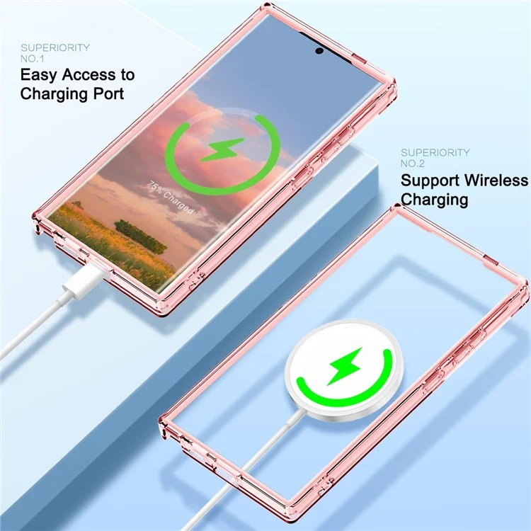 For Samsung Galaxy S25 Ultra Case Compatible with MagSafe PC+TPU Clear Phone Cover with PET Screen Film - Pink