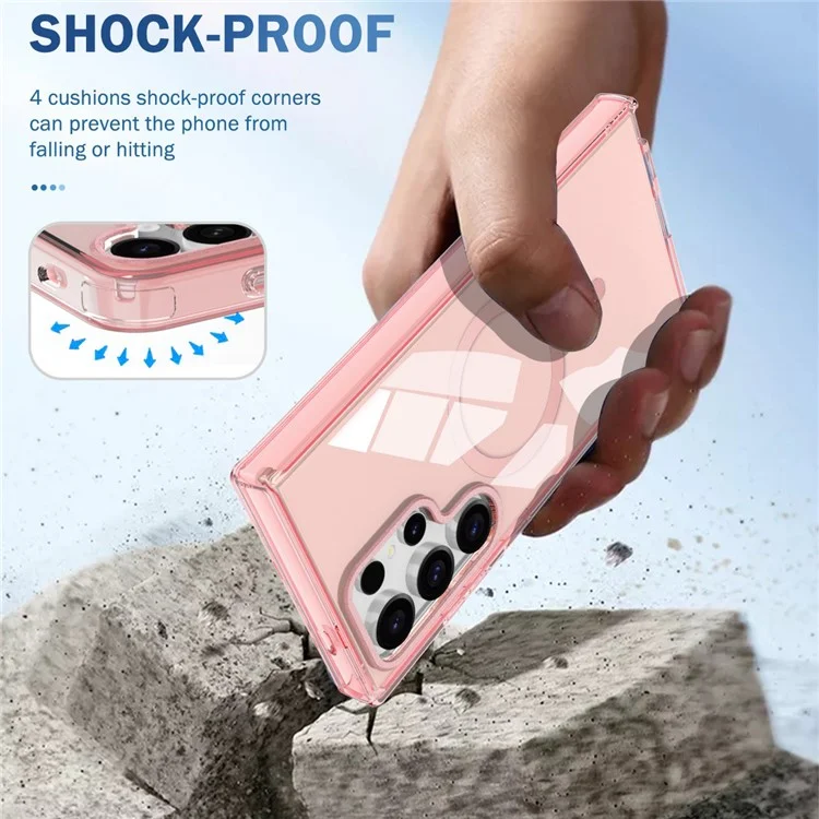For Samsung Galaxy S25 Ultra Case Compatible with MagSafe PC+TPU Clear Phone Cover with PET Screen Film - Pink