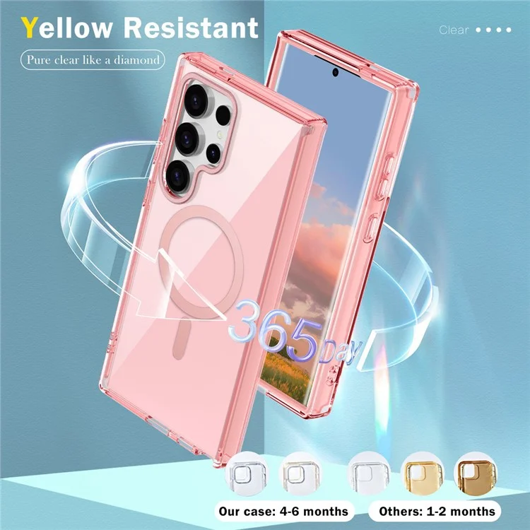 For Samsung Galaxy S25 Ultra Case Compatible with MagSafe PC+TPU Clear Phone Cover with PET Screen Film - Pink