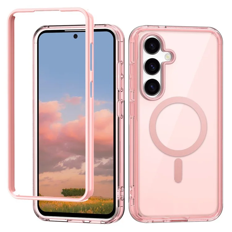 Custodia per Samsung Galaxy S25+ compatibile con MagSafe, cover per telefono in PC+TPU trasparente con pellicola protettiva per schermo in PET - Rosa