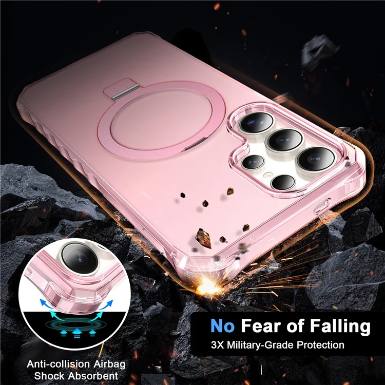 Für Samsung Galaxy S25 Ultra Hülle mit kleinen Wellenkanten, kompatibel mit MagSafe, frostiger Stoßfest-PC + TPU Handyhülle - Pink