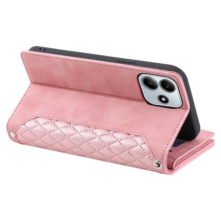 Étui portefeuille pour Xiaomi Redmi Note 14 5G, style 005, couture en losange, en cuir PU - Or rose