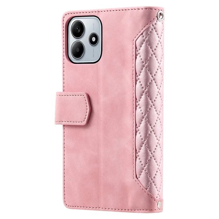 Étui portefeuille pour Xiaomi Redmi Note 14 5G, style 005, couture en losange, en cuir PU - Or rose