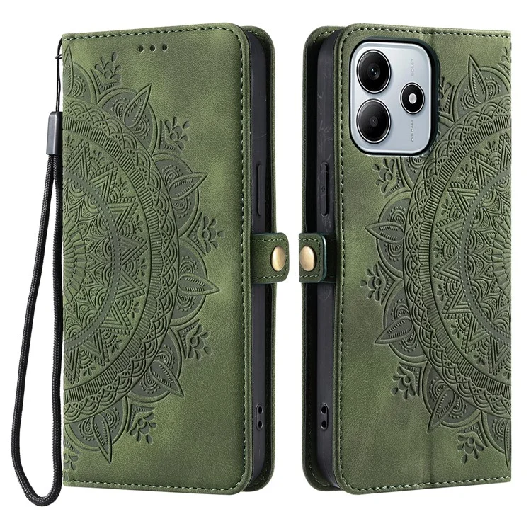 Estilo 016 para Xiaomi Redmi Note 14 5G, capa de couro com sensação de pele, com estampa de totem, carteira - Verde Escuro