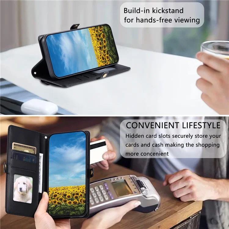 Funda de cuero con tapa y soporte para Xiaomi Redmi Note 14 5G, con correas - Negro