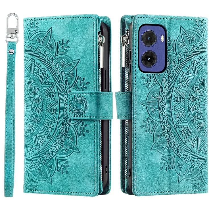 Style 006 Für Motorola Moto G05 4G Wallet Case PU Leder Handyhülle Mandala Blumenmuster - Mint Grün