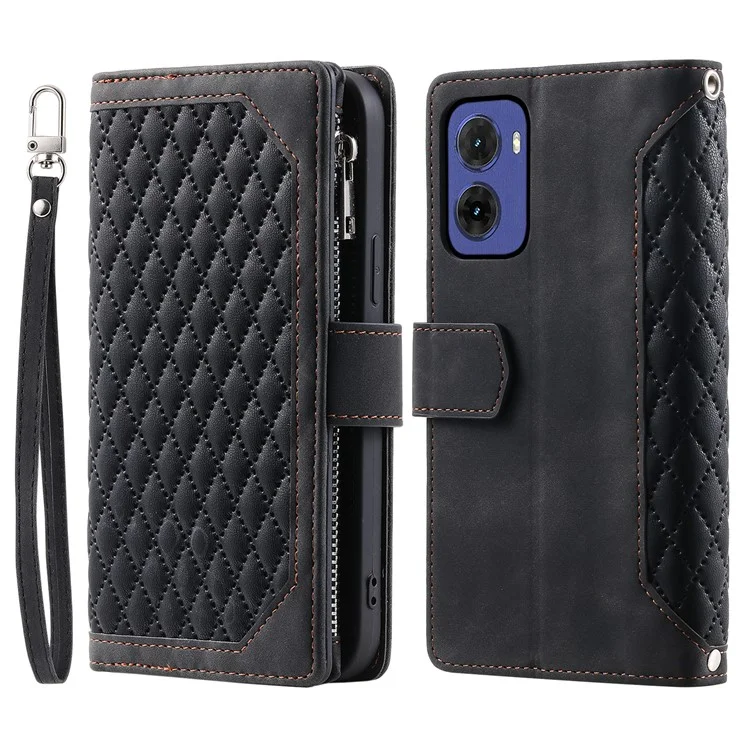 Style 005 für Motorola Moto G05 4G Wallet Case Rautensteppnaht PU-Leder Handyhülle - Schwarz