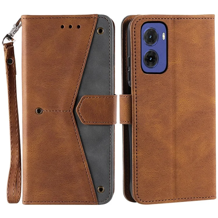 Для Motorola Moto G05 4G кожаный чехол с комбинированной строчкой, бумажник, подставка для телефона со ремешком - коричневый