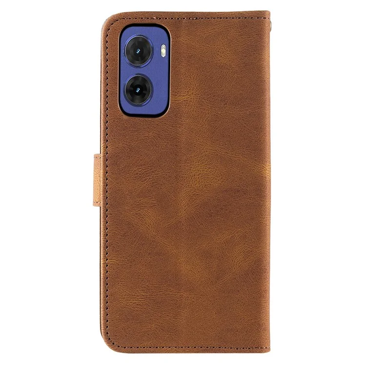 Для Motorola Moto G05 4G кожаный чехол с комбинированной строчкой, бумажник, подставка для телефона со ремешком - коричневый