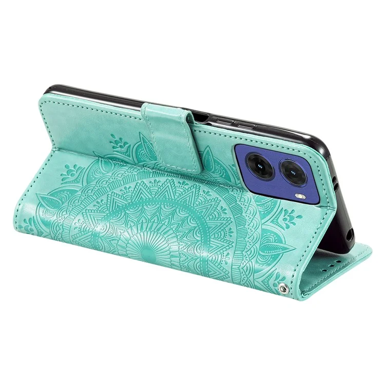Capa para Motorola Moto G05 4G, com estampa de totem, em couro sintético, com suporte e compartimento para cartões - Verde menta