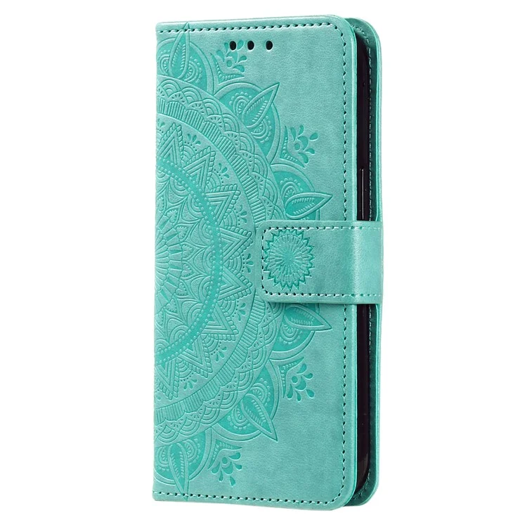 Capa para Motorola Moto G05 4G, com estampa de totem, em couro sintético, com suporte e compartimento para cartões - Verde menta