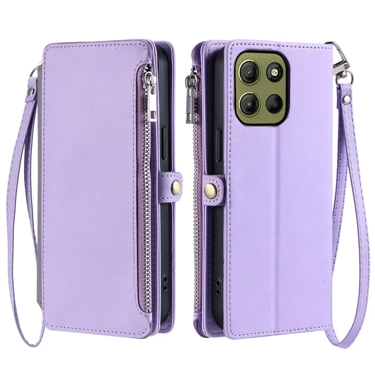 015 Stile per Motorola Moto G15 4G Custodia TPU+PU Pelle Portafoglio Custodia Telefonica con Cinghie - Viola