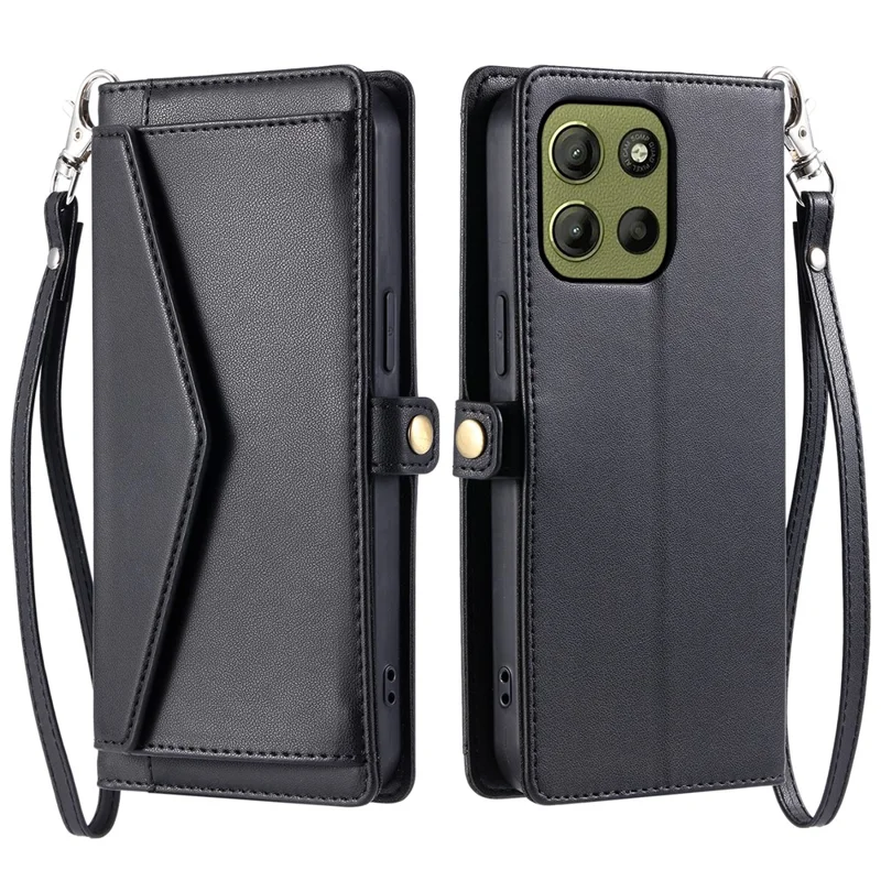 Capa de couro carteira com alças para Motorola Moto G15 4G - Preta