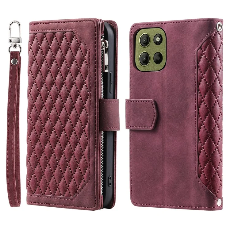 Style 005 Für Motorola Moto G15 4G Brieftasche Hülle Rautennaht Linie PU Leder Handyhülle - Weinrot