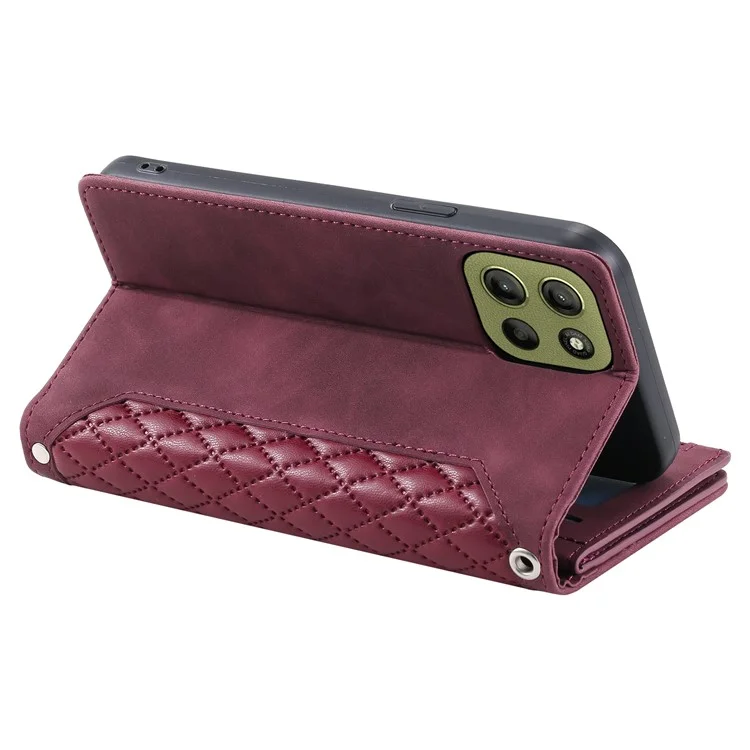 Style 005 Für Motorola Moto G15 4G Brieftasche Hülle Rautennaht Linie PU Leder Handyhülle - Weinrot