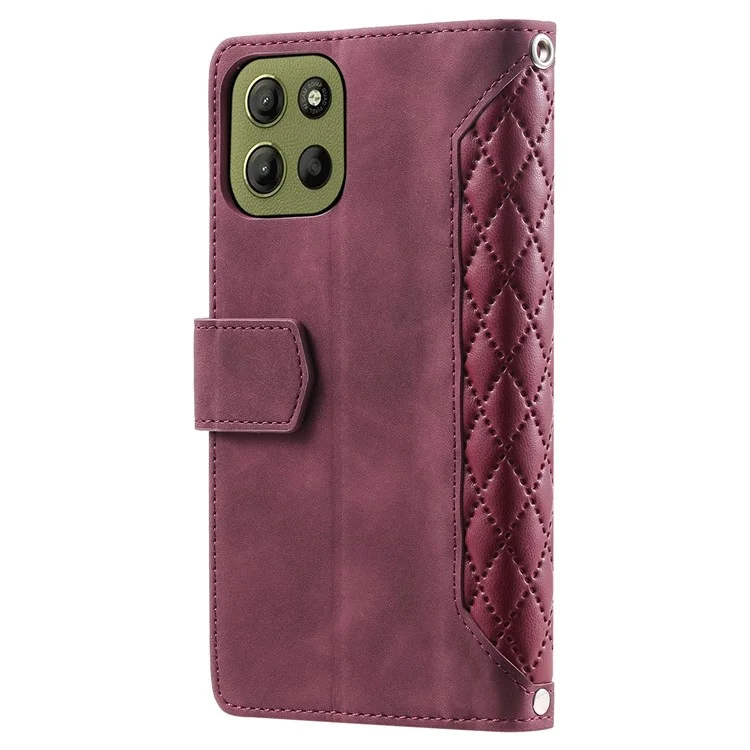 Style 005 Für Motorola Moto G15 4G Brieftasche Hülle Rautennaht Linie PU Leder Handyhülle - Weinrot