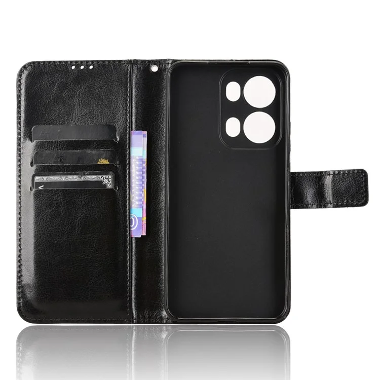 Für Oppo Reno13 Pro 5G Hülle Crazy Horse Textur PU Leder Handy Geldbörse Hülle - Schwarz
