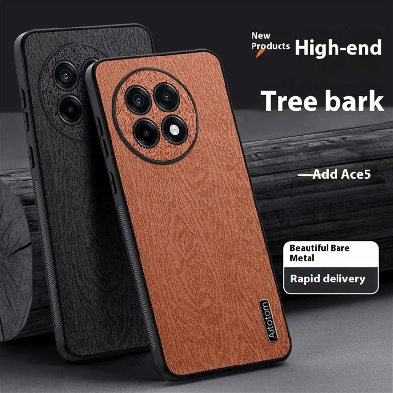 For OnePlus Ace 5 5G Case Wood Texture PU Leather Coated PC TPU Phone Cover - Grey