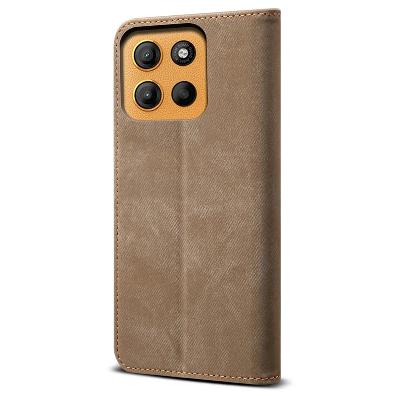 Für Motorola Moto G15 4G Hülle Jeans Tuch Textur Kratzfestes Leder Ständer Handyhülle - Khaki