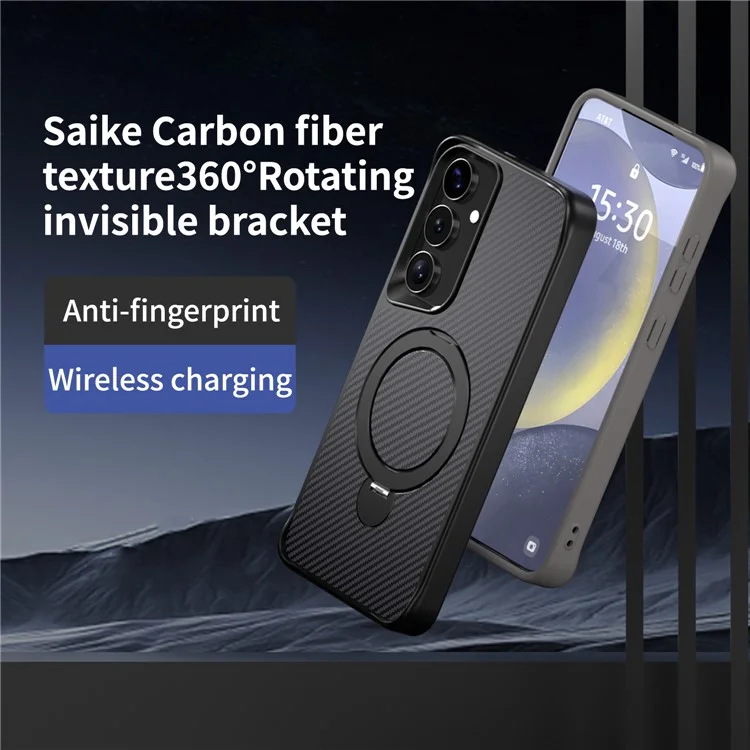 Чехол для Samsung Galaxy S25+ / S24+ с магнитной подставкой, задней крышкой из ТПУ + ПК с углеродным волокном - черный