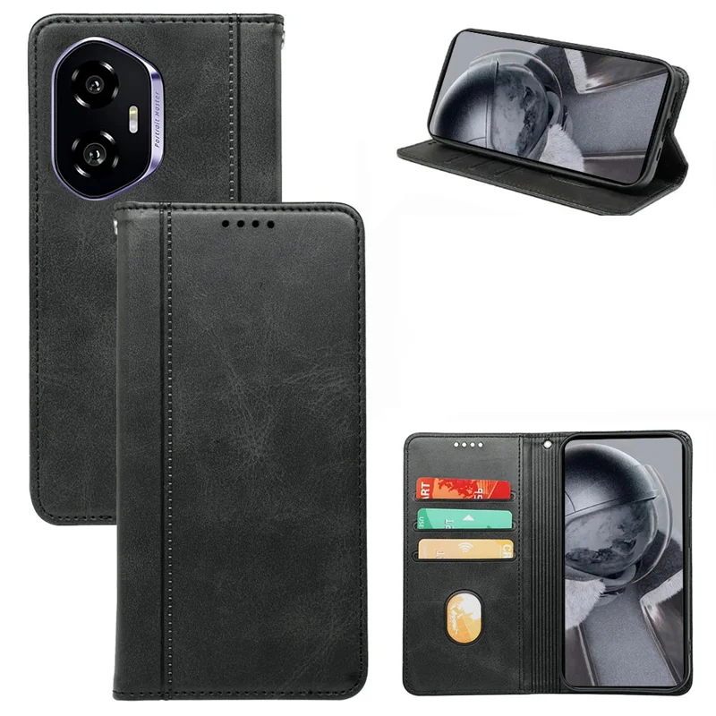 For Honor 300 Case Hidden Magnetic Closure Calf Texture Leather Phone Cover - Black