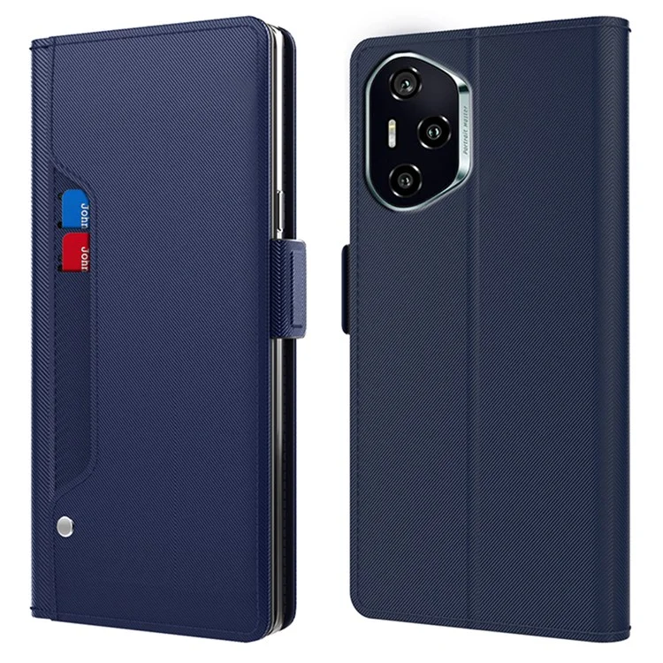 For Honor 300 Pro / 300 Ultra Case Stand PU Leather Phone Cover Card Holder Mirror - Blue
