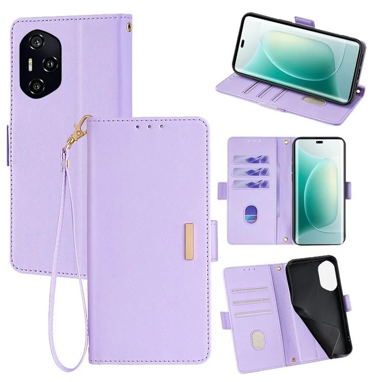 For Honor 300 Pro Leather Wallet Case RFID Blocking Stand Cover with Hand Strap - Purple