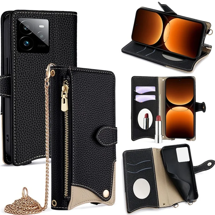Custodia in pelle portafoglio con supporto per Realme GT 7 Pro 5G, stile coda irregolare con cinturino a catena - Nero