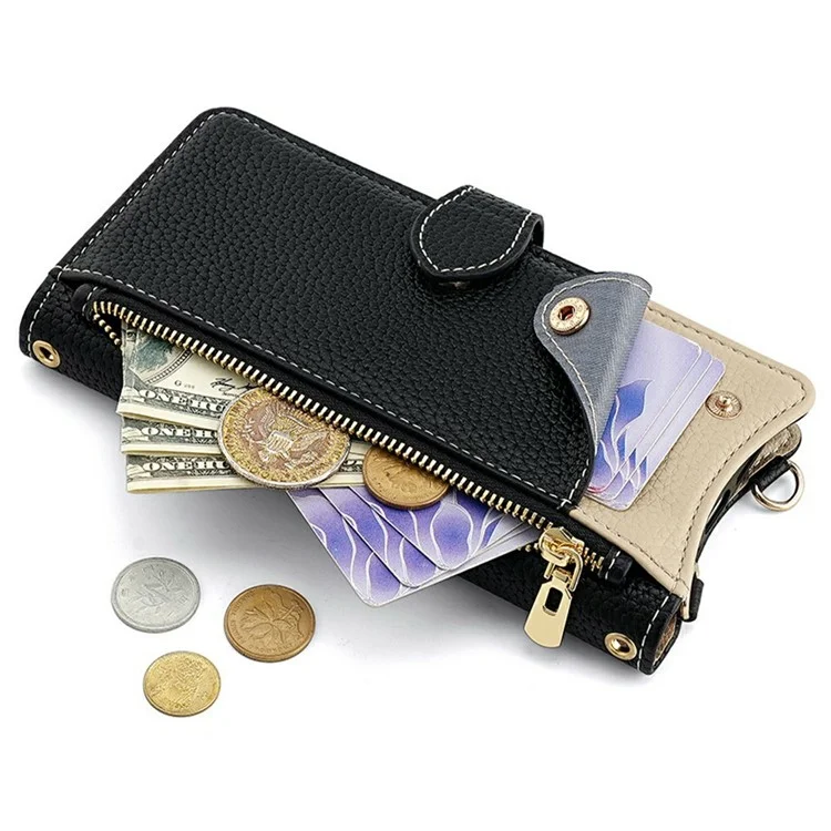 Custodia in pelle portafoglio con supporto per Realme GT 7 Pro 5G, stile coda irregolare con cinturino a catena - Nero