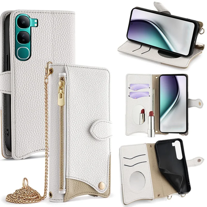 Custodia in pelle con portafoglio e supporto per vivo Y300 5G, stile a coda irregolare con cinturino a catena - Bianco