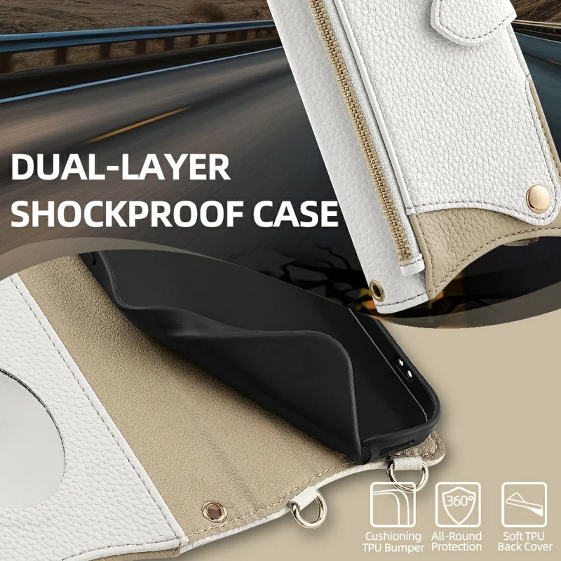 Custodia in pelle con portafoglio e supporto per vivo Y300 5G, stile a coda irregolare con cinturino a catena - Bianco