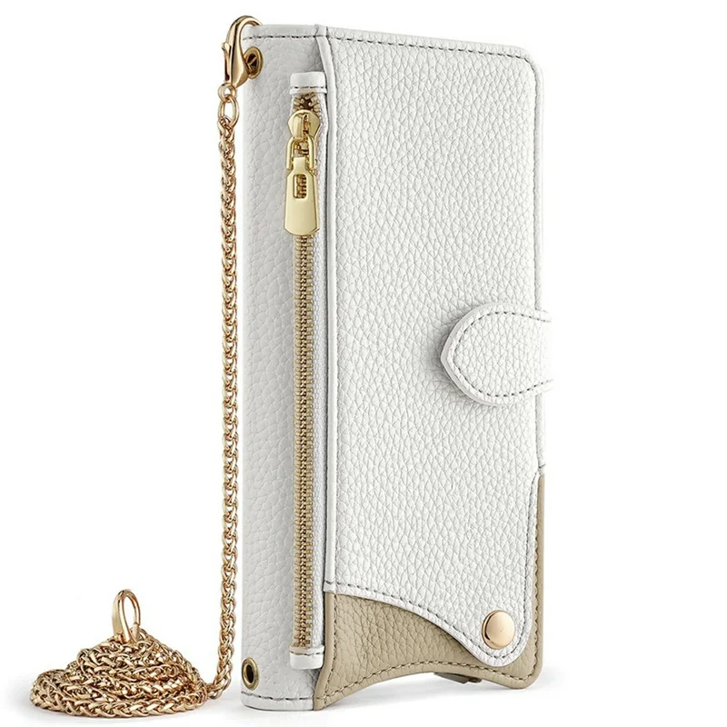 Custodia in pelle con portafoglio e supporto per vivo Y300 5G, stile a coda irregolare con cinturino a catena - Bianco