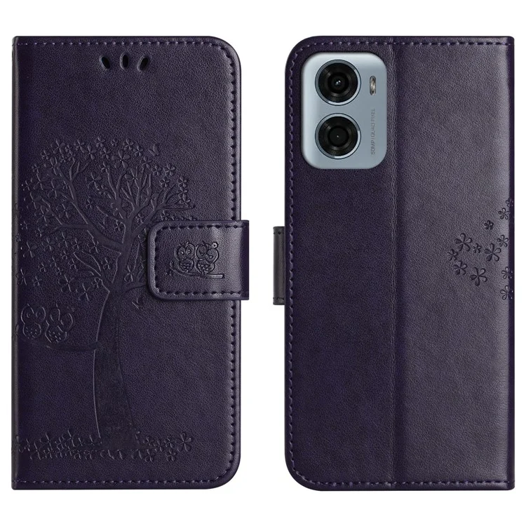 Für Motorola Moto E15 4G / G05 4G Hülle PU-Leder Eule Baum geprägt Brieftasche Handyhülle - Dunkelblau