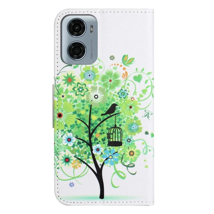Étui en cuir avec motif d'impression et texture croisée pour Motorola Moto E15 4G / G05 4G - Arbre vert