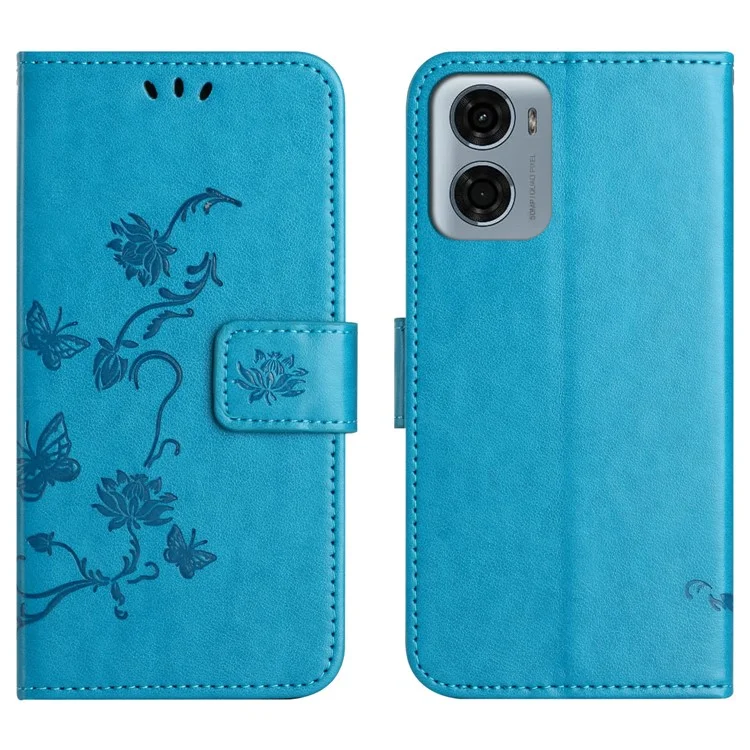 Custodia a portafoglio in pelle PU con stampa a farfalla e fiore per Motorola Moto E15 4G / G05 4G - Blu