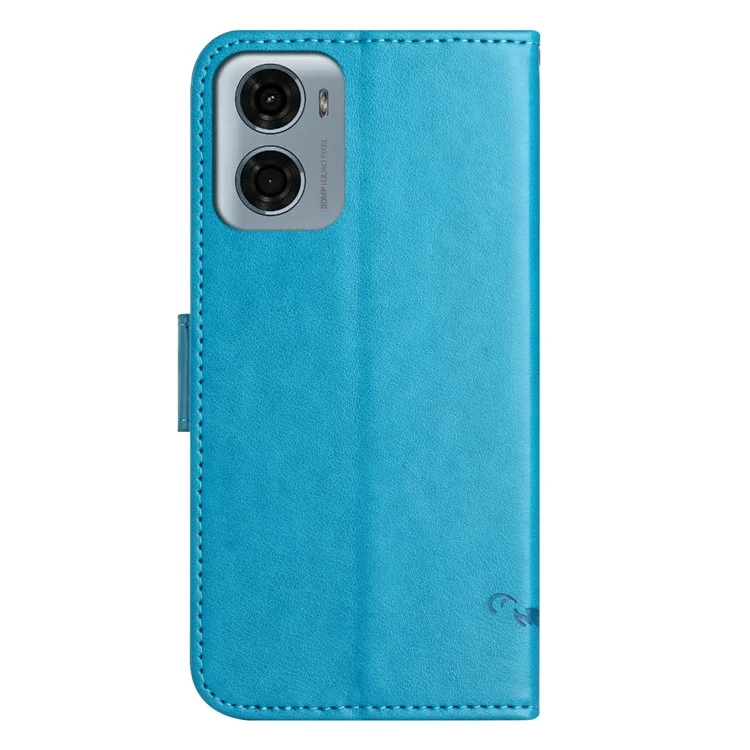 Custodia a portafoglio in pelle PU con stampa a farfalla e fiore per Motorola Moto E15 4G / G05 4G - Blu