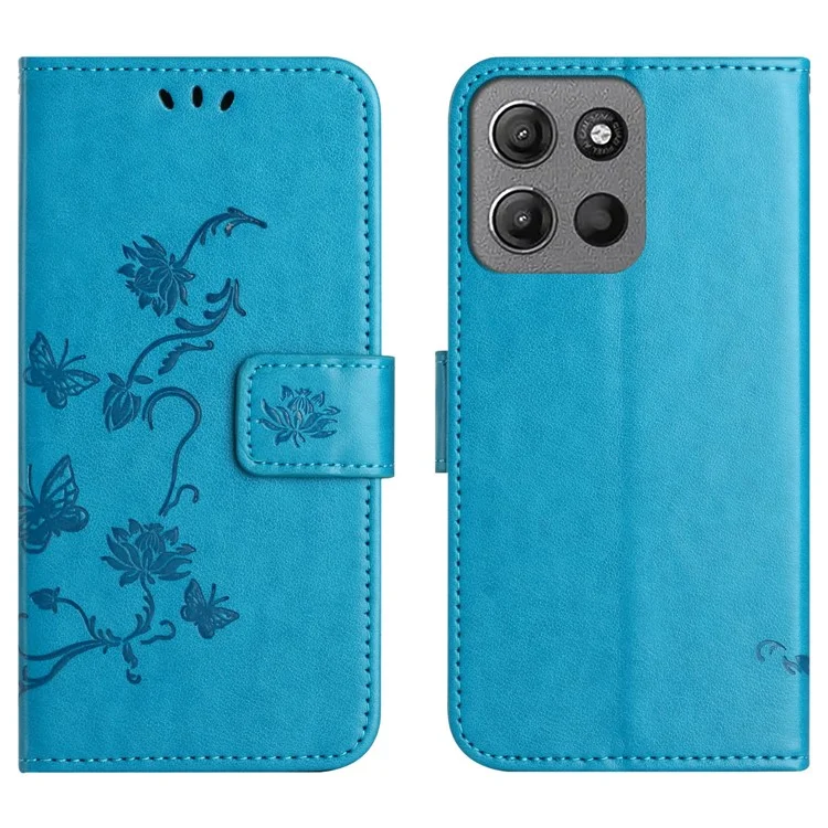 For Motorola Moto G15 4G  /  G15 Power 4G Case Wallet Stand Imprinted Butterfly Flower PU Leather Phone Cover - Blue