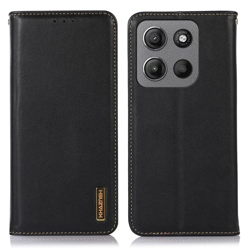 KHAZNEH Hülle für Motorola Moto G15 4G / G05 4G, echtes Rindsleder-Wallet, Handyhülle mit Nappa-Textur - Schwarz