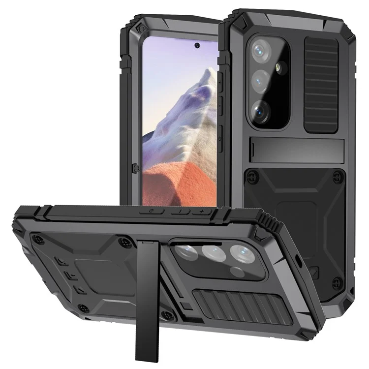 Coque pour Samsung Galaxy S25 R-JUST en PC, silicone et métal avec support et film en verre trempé - Noir