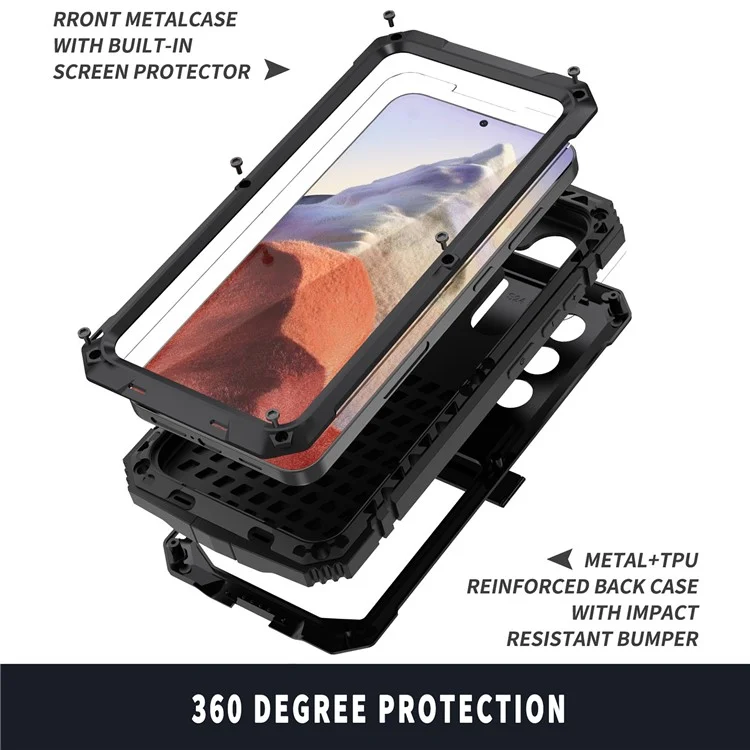 Coque pour Samsung Galaxy S25 R-JUST en PC, silicone et métal avec support et film en verre trempé - Noir