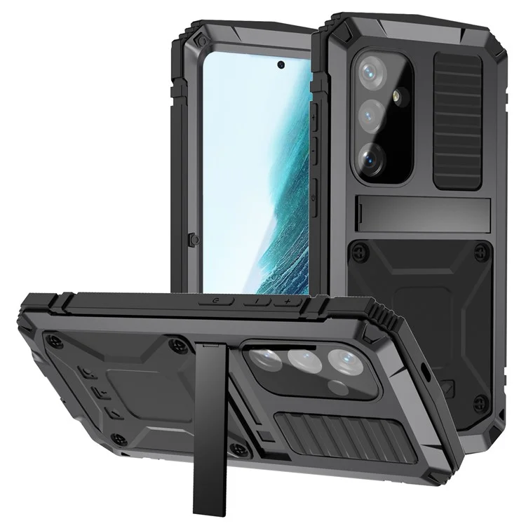 R-JUST Custodia per Samsung Galaxy S25+ in PC + Silicone + Metallo con Supporto Pieghevole e Pellicola in Vetro Temperato - Nero
