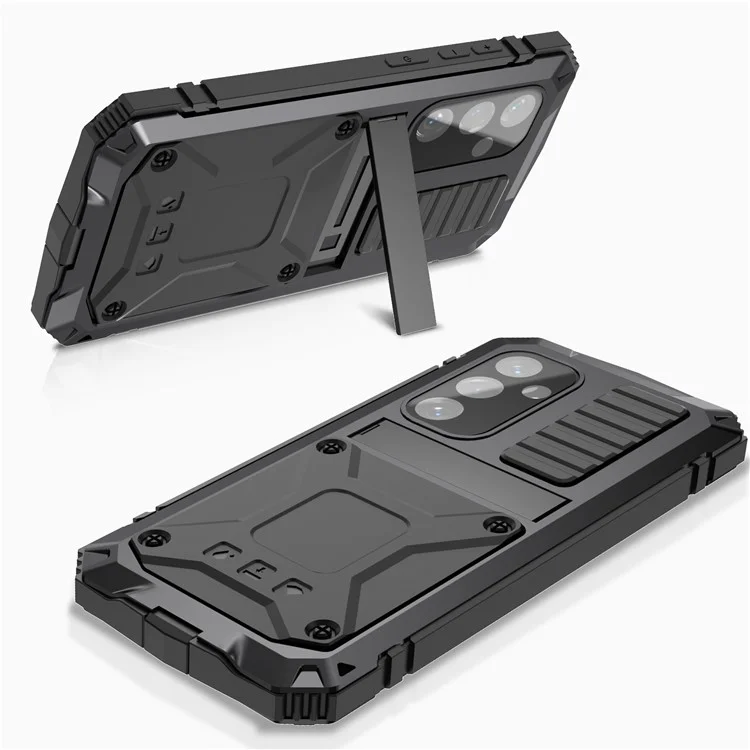 R-JUST Custodia per Samsung Galaxy S25+ in PC + Silicone + Metallo con Supporto Pieghevole e Pellicola in Vetro Temperato - Nero