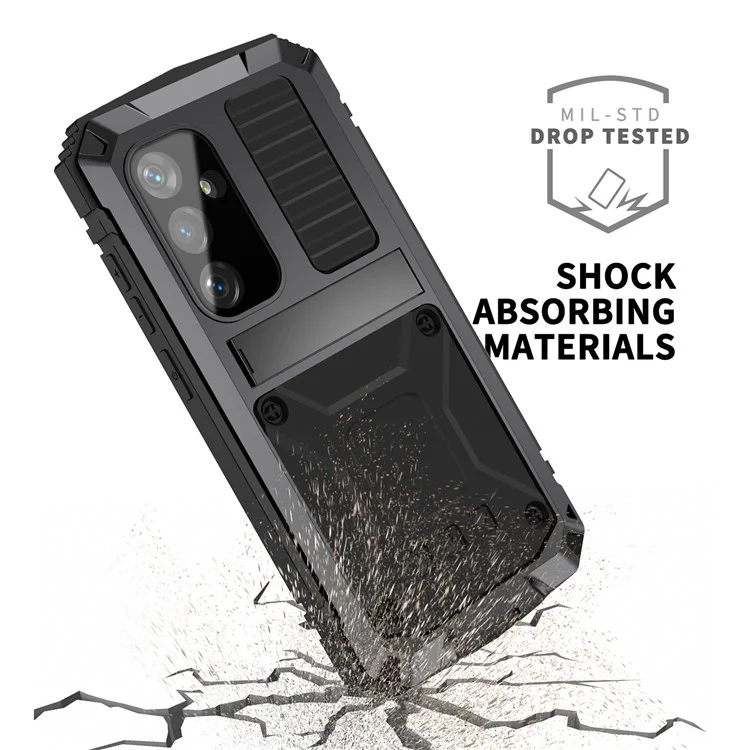 R-JUST Custodia per Samsung Galaxy S25+ in PC + Silicone + Metallo con Supporto Pieghevole e Pellicola in Vetro Temperato - Nero