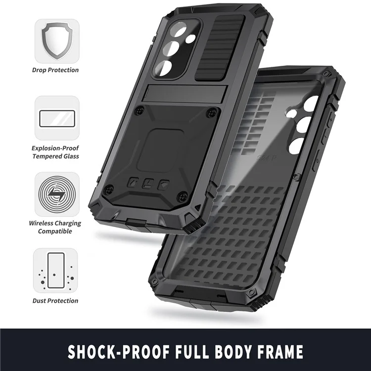 R-JUST Custodia per Samsung Galaxy S25+ in PC + Silicone + Metallo con Supporto Pieghevole e Pellicola in Vetro Temperato - Nero