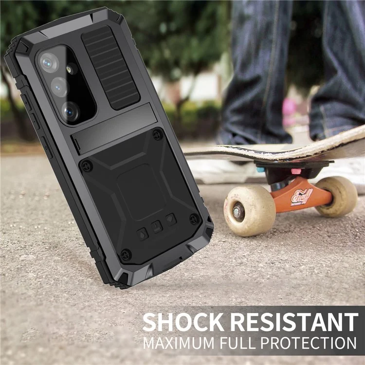R-JUST Custodia per Samsung Galaxy S25+ in PC + Silicone + Metallo con Supporto Pieghevole e Pellicola in Vetro Temperato - Nero