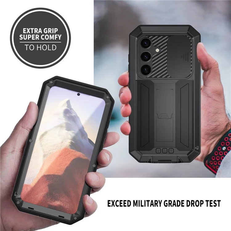 Funda para Samsung Galaxy S25 R-JUST, cubierta trasera de PC + silicona + metal con película de vidrio templado - Negro